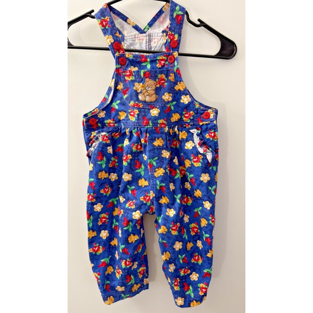 Vintage Girl's Floral Overalls Jumper Jumpsuit 2T Toddler Bears Adorable